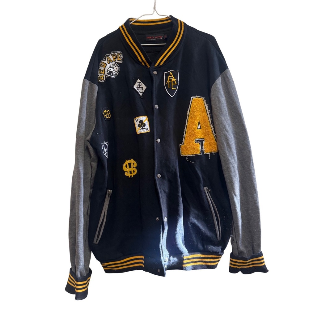 Red Ape‎ Authentic Varsity Jacket Mens 3XL Black Grey Yellow Patch Bomber Fleece